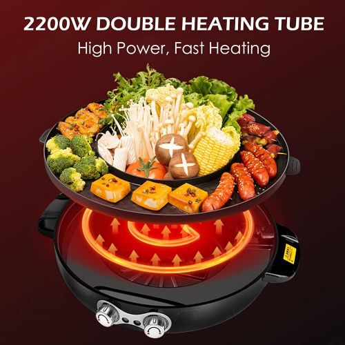  [아마존베스트]4YANG 2200W 2 in 1 Electric Smokeless Grill and Hot Pot 110V Split Easy Cleaning Dual Temperature Control（US STOCK)