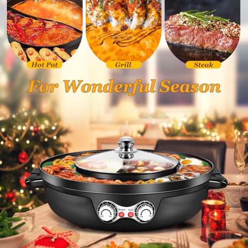  [아마존베스트]4YANG 2200W 2 in 1 Electric Smokeless Grill and Hot Pot 110V Split Easy Cleaning Dual Temperature Control（US STOCK)