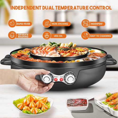  [아마존베스트]4YANG 2200W 2 in 1 Electric Smokeless Grill and Hot Pot 110V Split Easy Cleaning Dual Temperature Control（US STOCK)