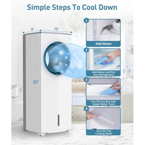  5 SUNDAY LIVING Evaporative Air Cooler, Bladeless Fan Portable Air Conditioner Fan with 3 Wind Speeds and 3 Modes, 90° Automatic Swing, 1 Gallon Water Tank, 2 Ice Packs, 7H Timer, Tower Fan with R