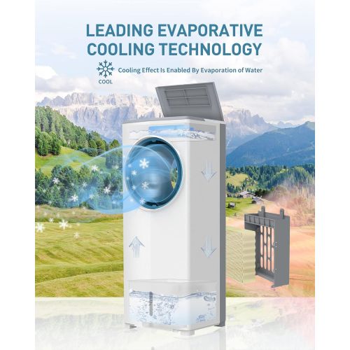  5 SUNDAY LIVING Evaporative Air Cooler, Bladeless Fan Portable Air Conditioner Fan with 3 Wind Speeds and 3 Modes, 90° Automatic Swing, 1 Gallon Water Tank, 2 Ice Packs, 7H Timer, Tower Fan with R