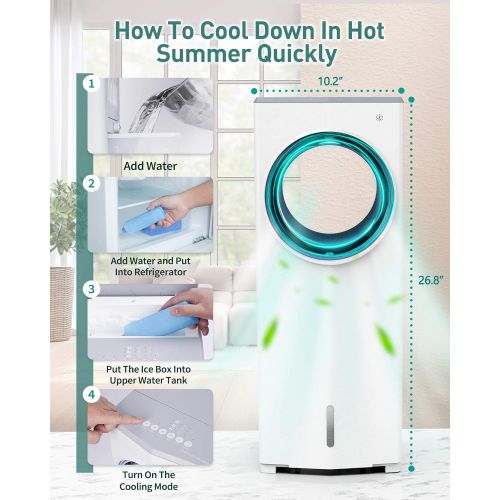  5 SUNDAY LIVING Evaporative Air Cooler, Portable Evaporative Cooler, Instant Cool & Humidify, 2-in-1 Bladeless Fan with Remote Control, 4 Modes, 2 Ice Box, Low Noise Swamp Cooler with Timer, SUNDA