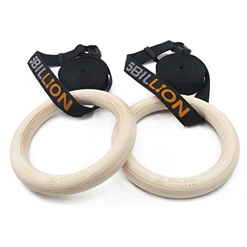  5BILLION FITNESS Wooden Gymnastic Rings,5BILLION Olympic Rings with Adjustable Straps 2x15ft,Wood Gym Rings for Home Gym Full Body Workout,Quick Install Cam Buckle,1500lbs Supported