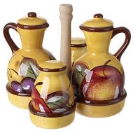 5th Ave Store Cucina Italiana Ceramic Oil and Vinegar Bottle Dispenser with Salt and Pepper Shakers and Caddy, Yellow