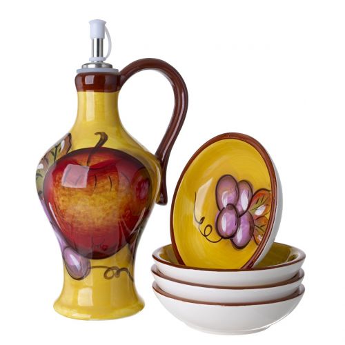  5th Ave Store Cucina Italiana Ceramic Olive Oil Dispenser Bottle, with Set of 4 Bread Dipping Plates, Honey Yellow