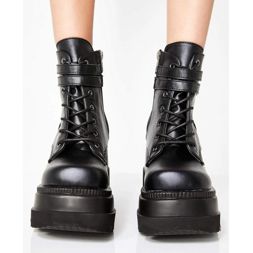  [아마존베스트]658 Womens Boots Buckle Strap Lace Up Platform Shoe High Heel Waterproof Military Combat Boots