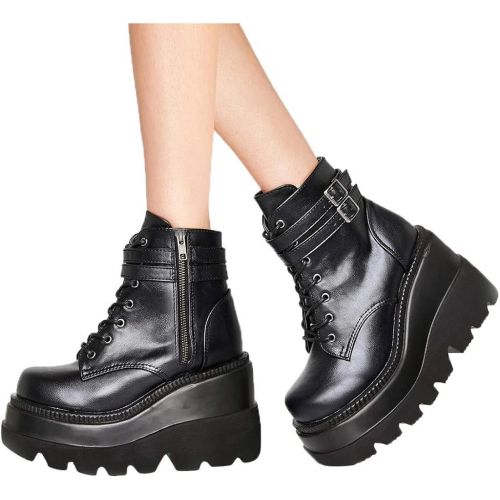  [아마존베스트]658 Womens Boots Buckle Strap Lace Up Platform Shoe High Heel Waterproof Military Combat Boots