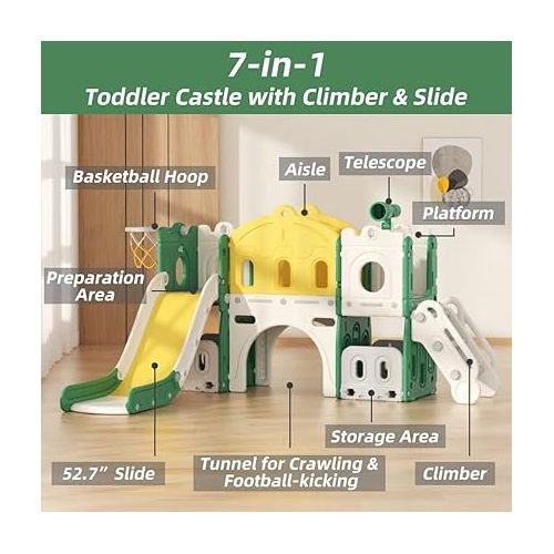  67i 7-in-1 Toddler Slide Kids Slide with Climber Freestanding Slides with Non-Slip Steps Outdoor Indoor Baby Slide Set with Basketball Hoop Ball Tunnel Storage Space Telescope (Yellow Green