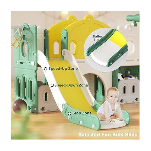  67i 7-in-1 Toddler Slide Kids Slide with Climber Freestanding Slides with Non-Slip Steps Outdoor Indoor Baby Slide Set with Basketball Hoop Ball Tunnel Storage Space Telescope (Yellow Green