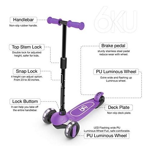  6KU 3 Wheels Kick Scooter for Kids and Toddlers Girls & Boys, Adjustable Height, Learn to Steer with Extra-Wide PU LED Flashing Wheels for Children from 2 to 5 Year-Old.