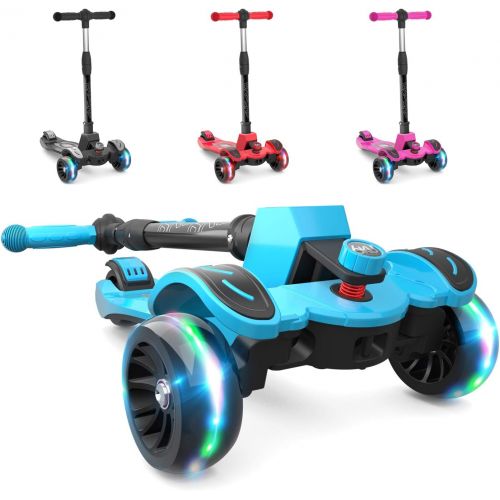  6KU Kids Kick Scooter with Adjustable Height Scooter, Lean to Steer, Widened LED Wheels for Children Age 3-8 Years Old