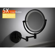 700Brass LED 5X Magnification Makeup Mirror Bathroom, Solid Brass, Oil Rubbed Bronze, 8-inch Round Double-side Lighted, Extendable Magnifying Mirror 1X/5X