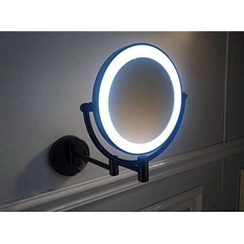  700Brass LED 5X Magnification Makeup Mirror Bathroom, Solid Brass, Oil Rubbed Bronze, 8-inch Round Double-side Lighted, Extendable Magnifying Mirror 1X/5X