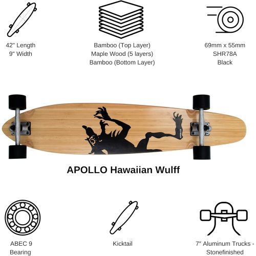  72 APOLLO Pintail Longboard Cruiser Skateboard - 42 Inch Kicktail Longboard Skateboard Made of 7 Layer Clear Maple & Bamboo - Complete Super Cruiser Longboard Pintail for Adults, Teen