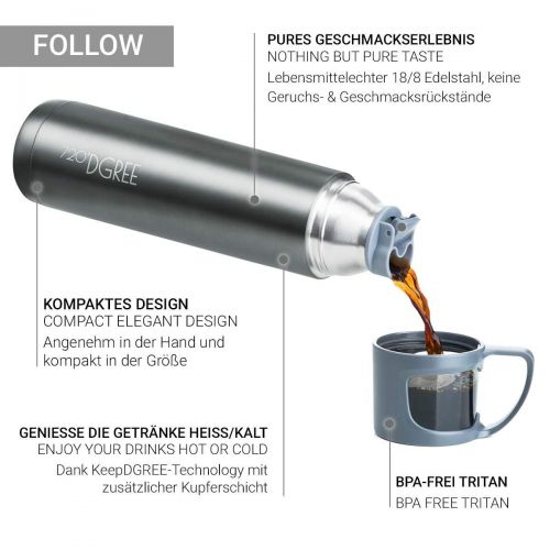  720°DGREE Thermoskanne Follow 450ml | Premium Thermosflasche | Edelstahl Isolierkanne mit Becher fuer Unterwegs | Neuartige Isolierflasche Perfekt fuers Kaffee & Tee