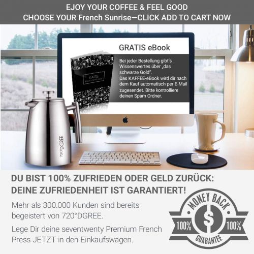  720°DGREE Premium French Press Kaffeebereiter Sunrise - 1Liter | Fuer den Hoechsten Kaffeegenuss aus Edelstahl mit permanent Filter/Sieb | Elegante Kaffeekanne fuer 4 bis 8 Tassen hei