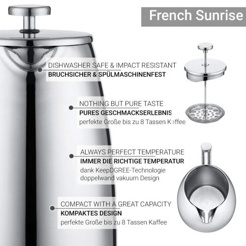  720°DGREE Premium French Press Kaffeebereiter Sunrise - 1Liter | Fuer den Hoechsten Kaffeegenuss aus Edelstahl mit permanent Filter/Sieb | Elegante Kaffeekanne fuer 4 bis 8 Tassen hei