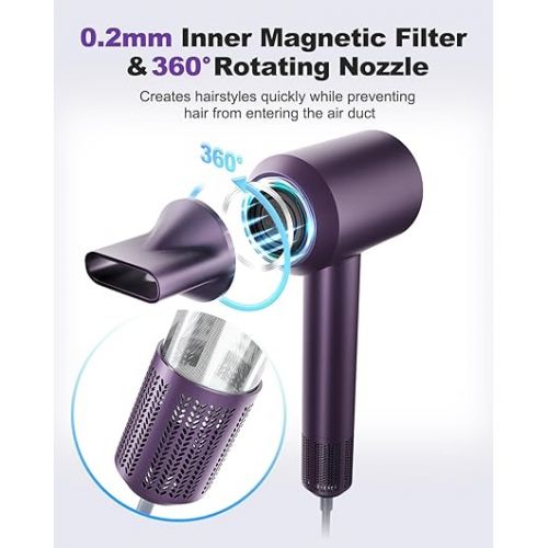  7MAGIC High-Speed Hair Dryer, 110,000RPM Brushless Motor for Fast Drying, 1400W Blow Dryer with Tri-Colour LED Light Ring, Low Noise Ionic Hair Dryer for Home and Travel, Magnetic Nozzle, Purple