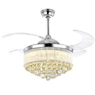 7PM Retractable Ceiling Fans 42 Inch Crystal Invisible Chandelier Fan with Remote Control Dimmable LED Light Warm White, Daylight White, Cool White for Decorate Living Room Dining