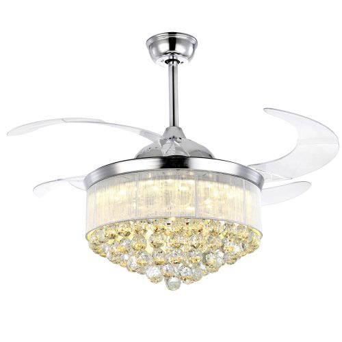  7PM Retractable Ceiling Fans 42 Inch Crystal Invisible Chandelier Fan with Remote Control Dimmable LED Light Warm White, Daylight White, Cool White for Decorate Living Room Dining