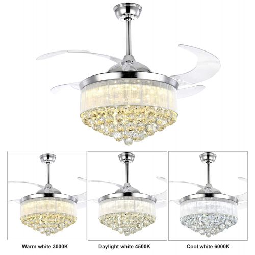  7PM Retractable Ceiling Fans 42 Inch Crystal Invisible Chandelier Fan with Remote Control Dimmable LED Light Warm White, Daylight White, Cool White for Decorate Living Room Dining