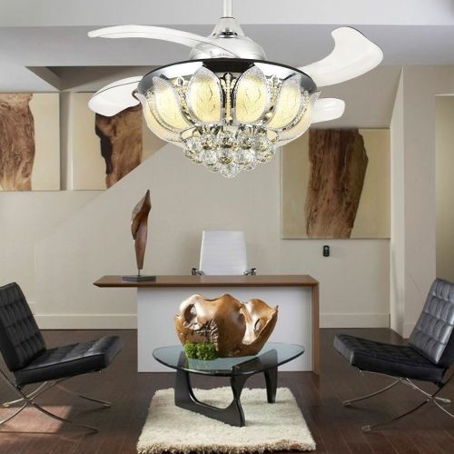  7PM Retractable Ceiling Fans 36 Inch Crystal Invisible Chandelier Fan with Remote Control Dimmable LED Light Warm White, Daylight White, Cool White for Decorate Living Room Dining