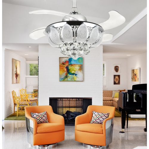  7PM Retractable Ceiling Fans 36 Inch Crystal Invisible Chandelier Fan with Remote Control Dimmable LED Light Warm White, Daylight White, Cool White for Decorate Living Room Dining