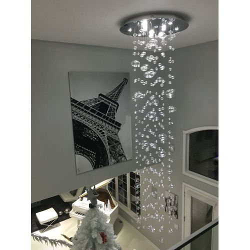  7PM W40 x H118 Modern Contemporary Luxury Round Large LED Due Bubble Glass Drop Chandelier Pendant Lamp for Staircase Hotel Mall Business Center Lighting Fixture