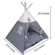 7life 7Life Small Cat Dog Pet Portable Teepee House Tent Bed Blue /Red Stripe House with Bed Mat Breathable / Washable (blue)