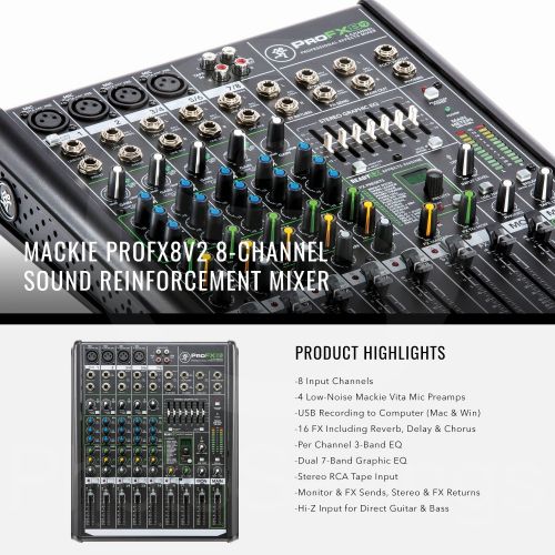  Photo Savings Mackie PROFX8V2 8-Channel Compact Mixer with Built-In USB Interface and Effects + Platinum Bundle w Professional Microphone, Headphones, 10x Cables, Much More
