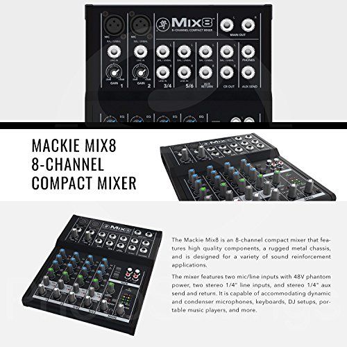  Photo Savings Mackie Mix Series Mix8 8-Channel Compact Mixer and Platinum Bundle with Dynamic Microphone + Desktop Studio Mic Stand + Headphones + More