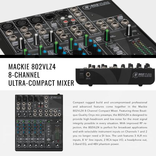  Photo Savings Mackie 802VLZ4, 8-channel Ultra Compact Mixer with Onyx Preamps and Platinum Studio Accessory Bundle w Pro Microphone + Studio Headphones + Home Recording Guide + Much More