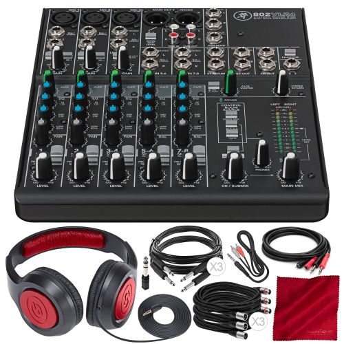  Photo Savings Mackie 802VLZ4, 8-channel Ultra Compact Mixer with Onyx Preamps and Deluxe Accessory Bundle w Headphones + 8X Cables + Fibertique Cloth