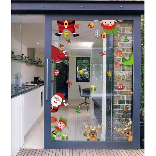  90shine Christmas Window Clings Snowflake Decorations - Winter Wonderland Xmas Party Supplies - Santa Claus Elf Reindeer Peeking Decals 62pcs