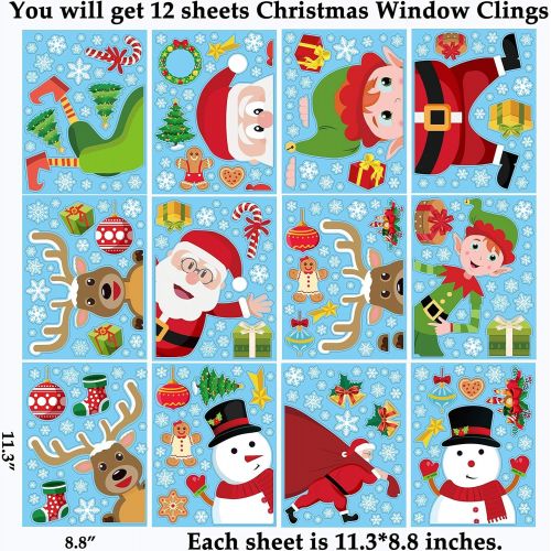  90shine Christmas Window Clings Snowflake Decorations - Winter Wonderland Xmas Party Supplies - Santa Claus Elf Reindeer Peeking Decals 62pcs