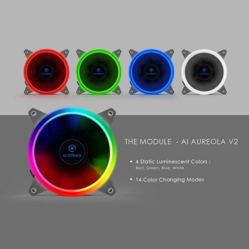  A ANIDEES anidees AI Aureola V2 120mm 3pcs Adressable RGB PWM Fan Compatible with Aura SYNC/Mystic/Fusion MB with 5V 3pins Header, for case Fan, Cooler Fan, with Remote(AI-Aureola-V2)