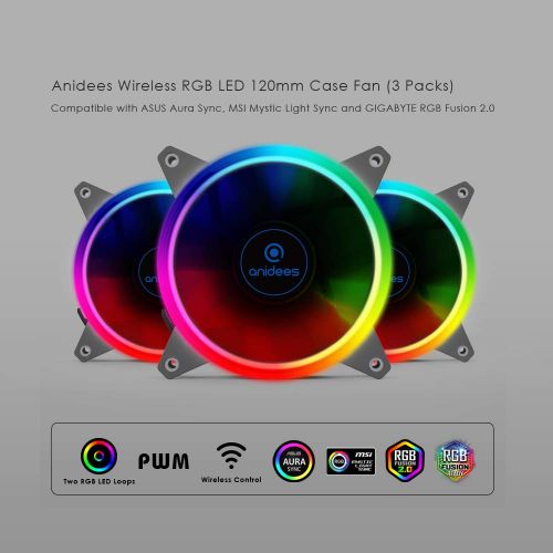  A ANIDEES anidees AI Aureola V2 120mm 3pcs Adressable RGB PWM Fan Compatible with Aura SYNC/Mystic/Fusion MB with 5V 3pins Header, for case Fan, Cooler Fan, with Remote(AI-Aureola-V2)