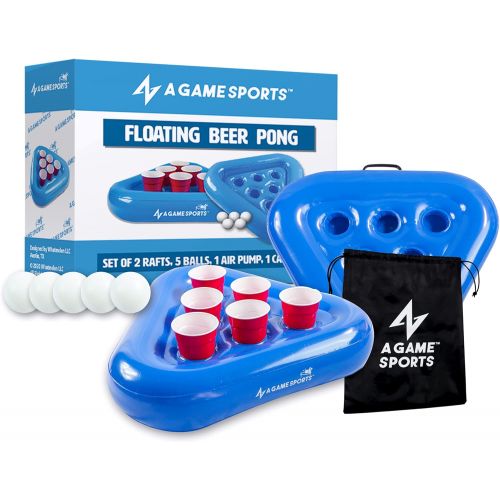  A GAME SPORTS Pool Pong Rack, Inflatable Floating Beer Pong Rack for Pool Parties, Water Games Includes 2 Rafts & 5 Pong Balls, Blue