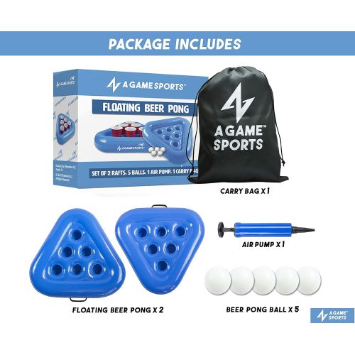  A GAME SPORTS Pool Pong Rack, Inflatable Floating Beer Pong Rack for Pool Parties, Water Games Includes 2 Rafts & 5 Pong Balls, Blue