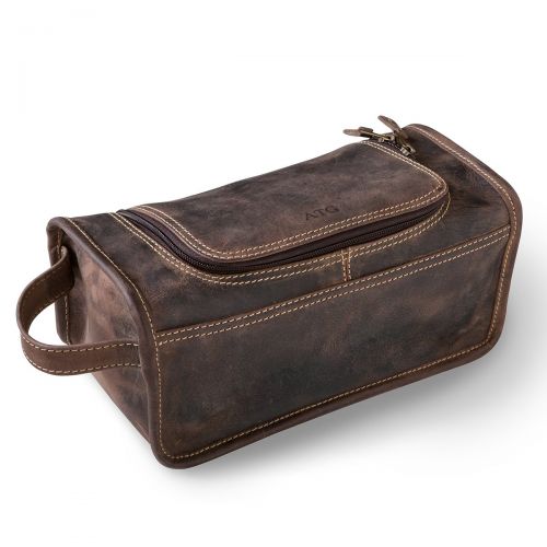  A Gift Personalized Personalized Distressed Brown Leather Travel Toiletry Bag - Debossed