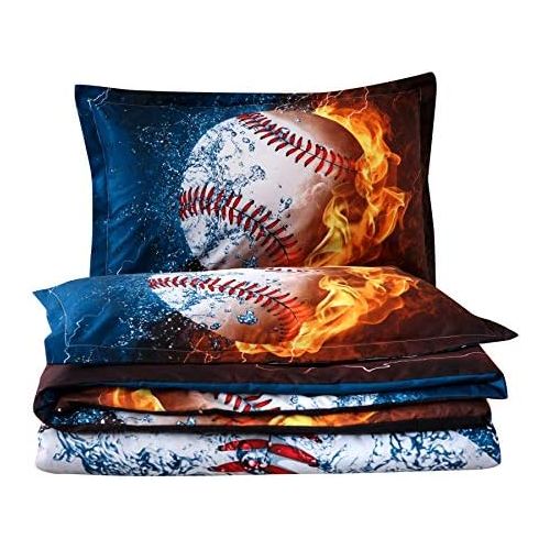  [아마존베스트]A Nice Night Baseball with Fire Print Comforter Quilt Set Bedding Sets for Teen Boys (Baseball,Full Size)