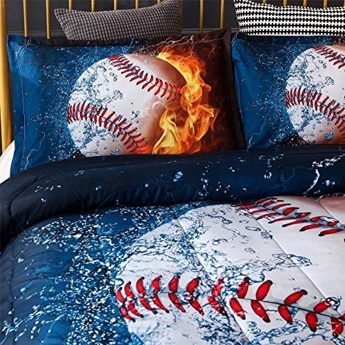  [아마존베스트]A Nice Night Baseball with Fire Print Comforter Quilt Set Bedding Sets for Teen Boys (Baseball,Full Size)