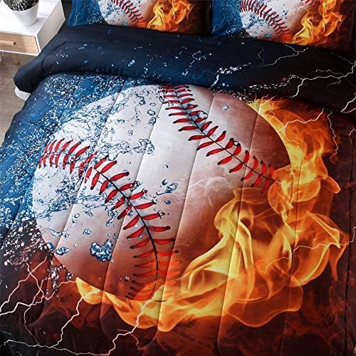  [아마존베스트]A Nice Night Baseball with Fire Print Comforter Quilt Set Bedding Sets for Teen Boys (Baseball,Full Size)