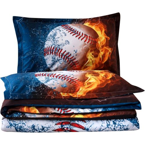  [아마존베스트]A Nice Night Baseball with Fire Print Comforter Quilt Set Bedding Sets for Teen Boys (Baseball,Full Size)