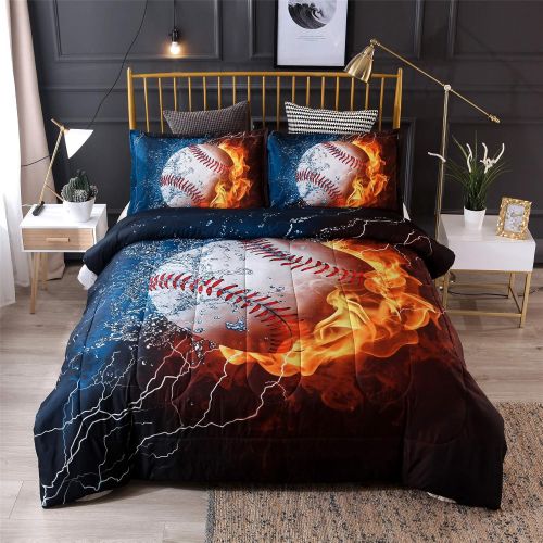  [아마존베스트]A Nice Night Baseball with Fire Print Comforter Quilt Set Bedding Sets for Teen Boys (Baseball,Full Size)