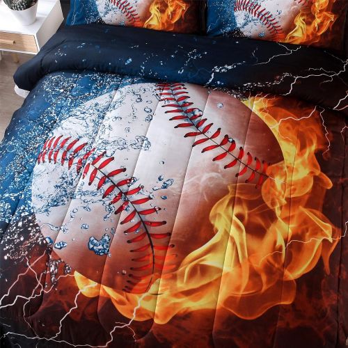  [아마존베스트]A Nice Night Baseball with Fire Print Comforter Quilt Set Bedding Sets for Teen Boys (Baseball,Full Size)