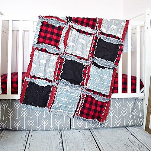  A Vision to Remember Bear Crib Set - GrayRed Plaid - Adventure Baby Bedding with Quilt, Skirt, Sheet