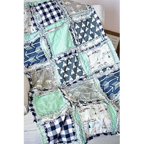  A Vision to Remember Bear Blanket - GrayNavy Blue PlaidMint - QUILT Only