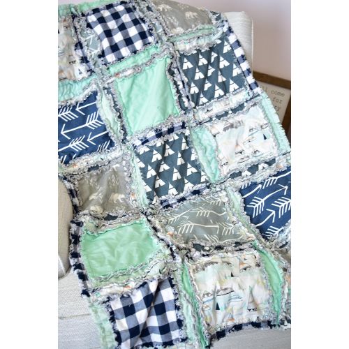  A Vision to Remember Bear Blanket - GrayNavy Blue PlaidMint - QUILT Only