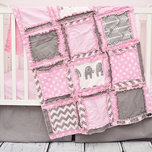  A Vision to Remember Elephant Crib Set - Light Pink  Gray  - Safari Baby Bedding with Quilt, Skirt, Sheet